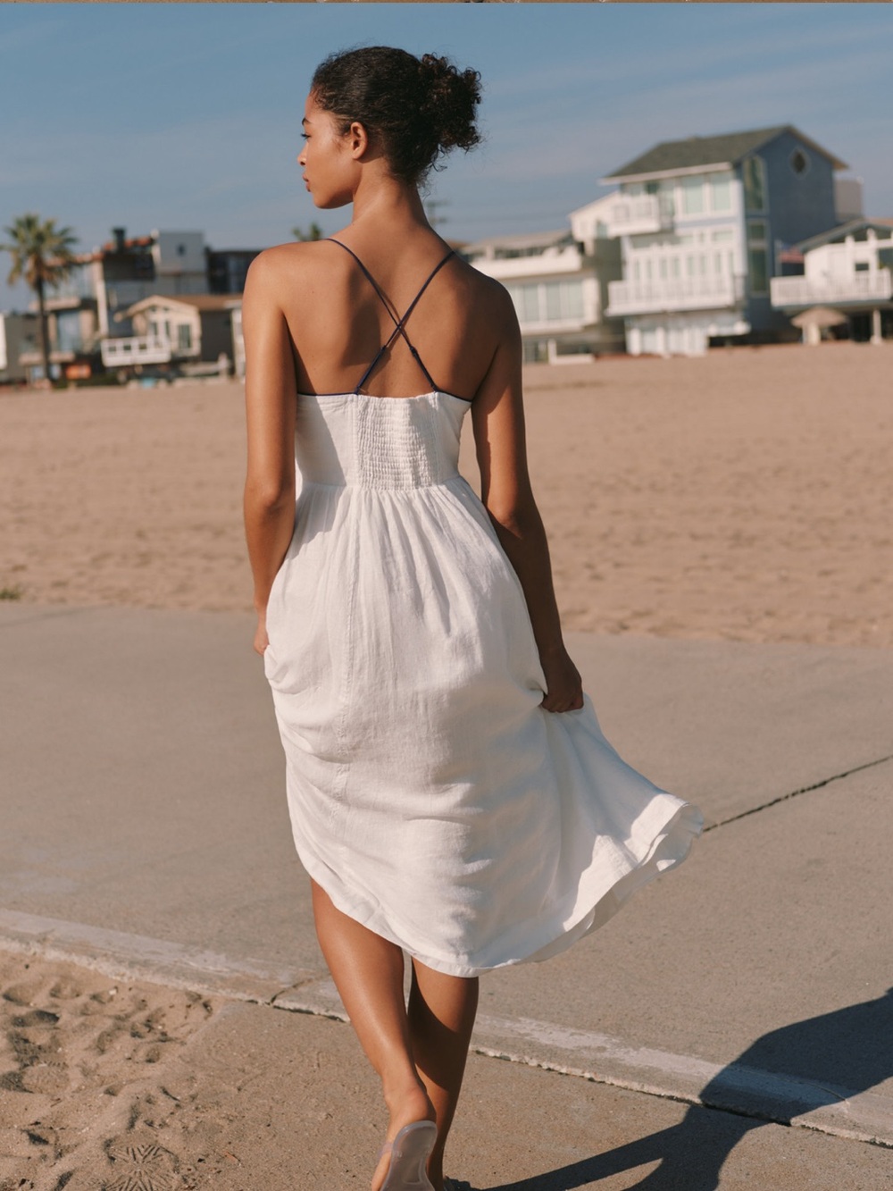 Maeve Linen Midi Dress White Navy Contrast Seamed Anthropologie Pockets Smocked - Picture 3 of 16